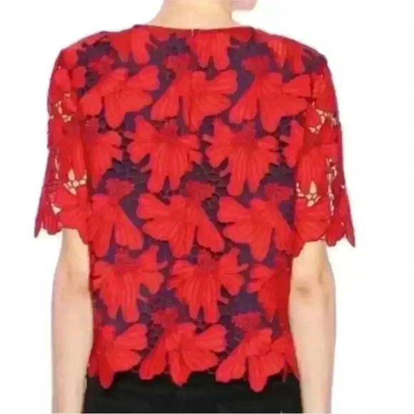 Tory Burch "Nicola" Red Lace With Blue Underlay Top Size 4 EUC!! - Picture 4 of 9